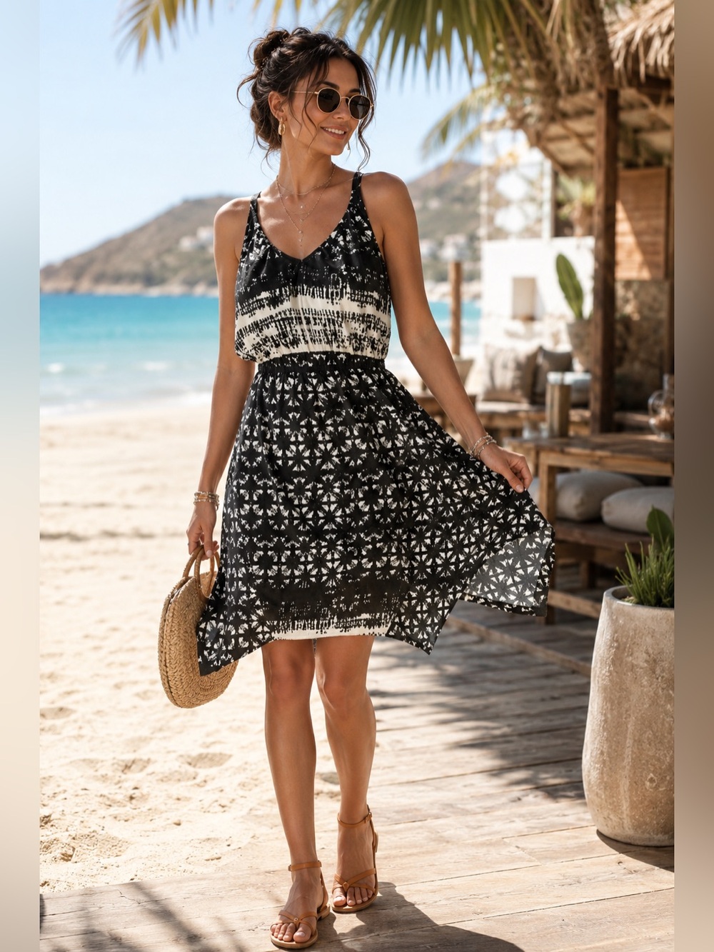 Ecote for Anthropologie Black & Cream Ikat Pattern Open Back Dress Size Small
